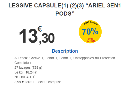 Promo LESSIVE CAPSULE(²)(³) ARIEL PODS+ chez E.Leclerc