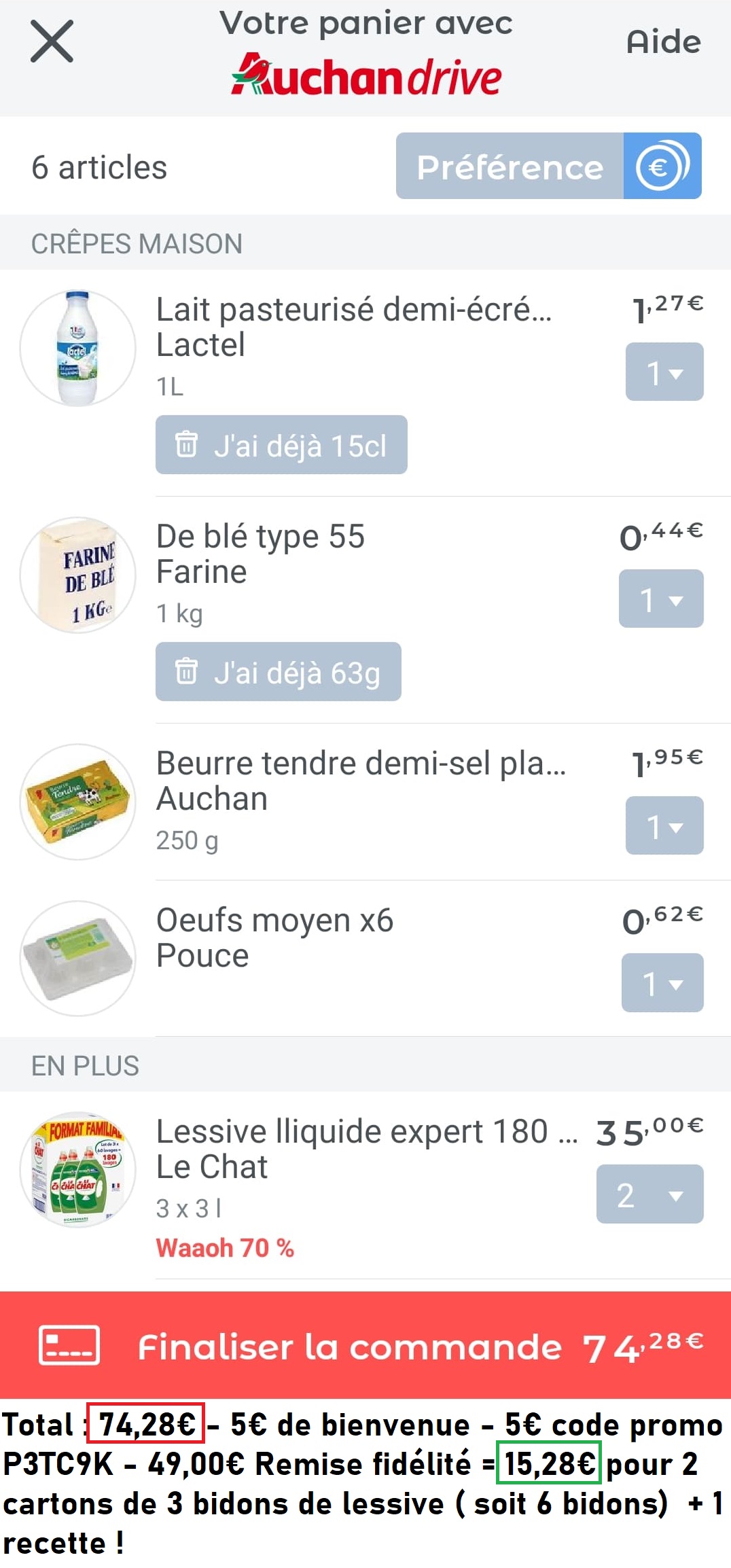 Detaille commande auchan drive via jow lessive le chat et recette de pâte a crêpe