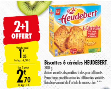 Promotion du catalogue carrefour 2+1 gratuit sur les biscottes heudebert 