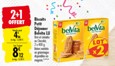 Promotion du catalogue carrefour 2+1 gratuit sur les Belvita petit dejeuner