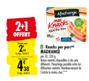 Promotion du catalogue carrefour 2+1 gratuit sur les Knacks Madrange 