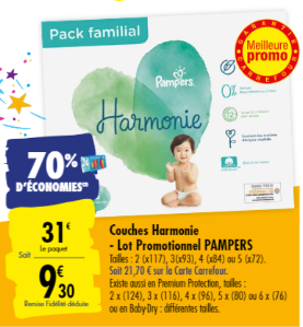 Promotion du catalogue carrefour 70% remise fidélité pampers harmonie