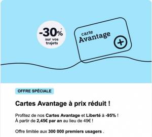 Carte avantage à -95% pour Jeune(12-27)/Adulte(27-59)/Senior(+60ans) à 2.45 €