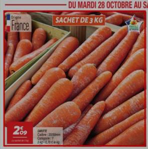 Sachet de 3kg de Carottes Origine France (0.70€/kg) à 2.09 €