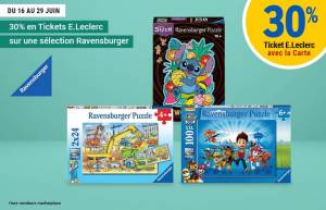 30% en tickets E.Leclerc sur une sélection de puzzles Ravensburger Ex: Puzzle 5000 p - Pokémon Allstars (via 14.74€ en Tickets E.Leclerc ) à 34.39 €