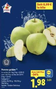 [Lidl+] Pommes Golden, Origine France - 2kg à 1.98 €