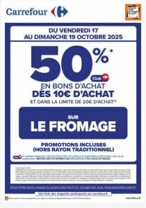 50% en bons d'achats dès 10 euros d'achats sur le fromage (20 euros maximum de bons d'achats) à 0 €