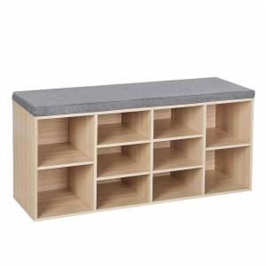 Banc rangement à chaussures avec coussin rembourré - 10 Compartiments - Étagères réglables - 30 x 104 x 48 cm - Gris et bois à 43.99 €