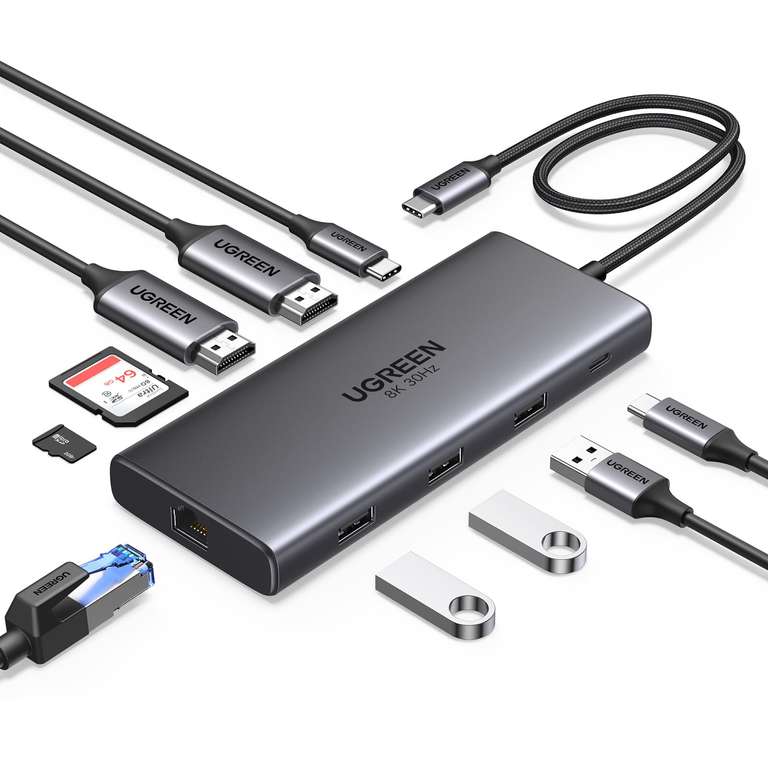 UGREEN Revodok Pro 210 - Double HDMI 4K60Hz 8K30Hz - Adaptateur Ethernet Gigabit PD 100W Charge Lecteur de Carte SD TF Multi Data Ports à 44.99 €