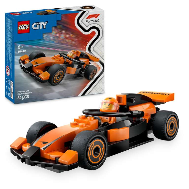 Jeu de construction Lego City 60442 Voiture de course McLaren avec pilote de F1 , 86 pièces 1 minifigurine (via coupon) à 7.49 €