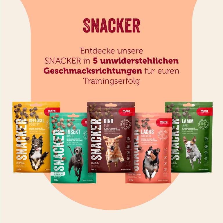 Sélection de Friandises pour chien sans céréales MERA Snacker 200g au choix bœuf/saumon/volaille à 2.79 €
