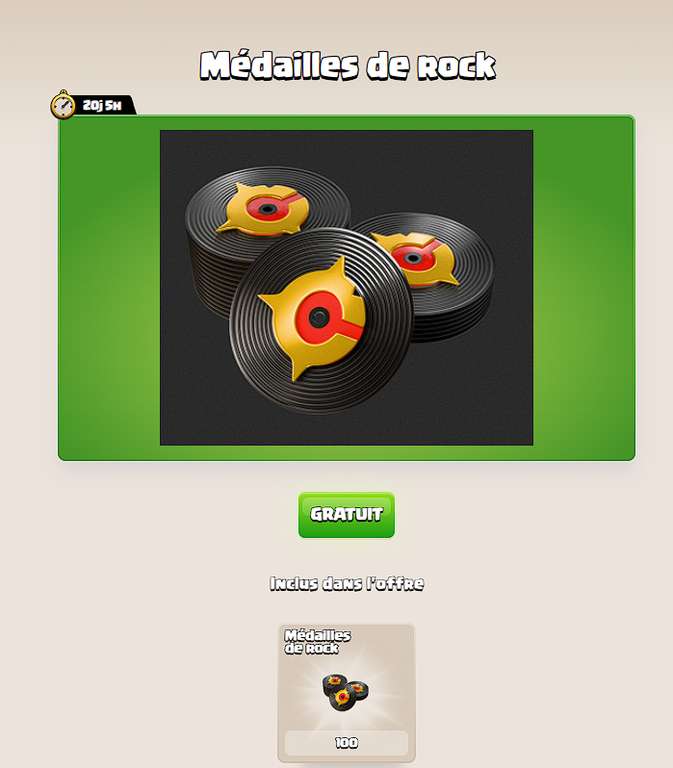 100 médailes de rock gratuites sur clash of clan via la boutique à 0 €