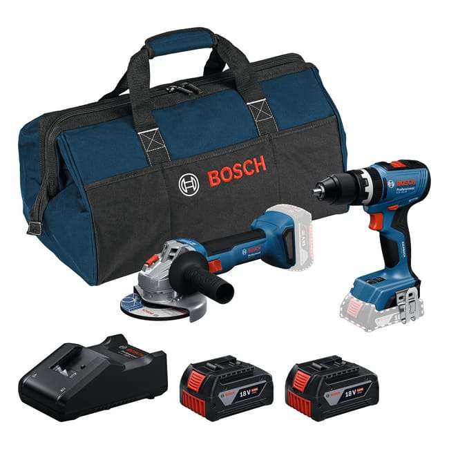 Kit Perceuse Bosch Pro GSB 18V-65 + Meuleuse GWS 18V-8 + 2 batteries 4Ah + chargeur + sac à 279 €
