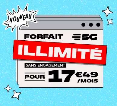 Forfait NRJ Mobile Appels/SMS/MMS illimités - Internet illimitée Data 5G + 42 Go en UE/DOM (sans engagement) à 17.49 €