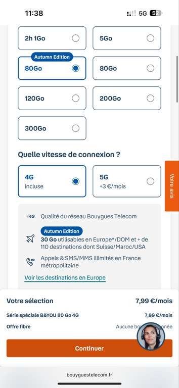 Forfait B&you (Autumn edition) 80go 4g+ (30 Go utilisables en Europe*/DOM et + de 110 destinations dont Suisse/Maroc/USA) à 7.99 €