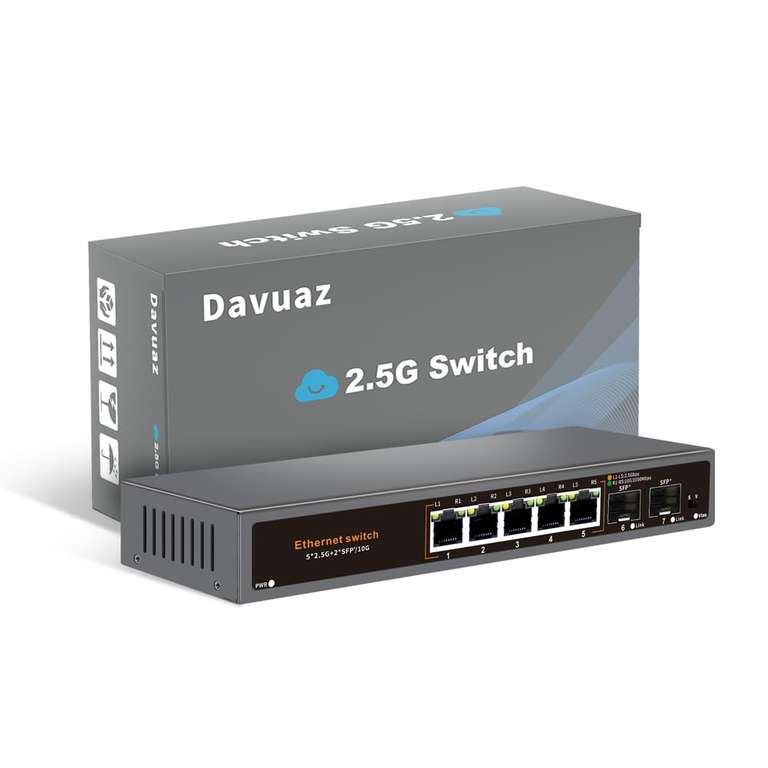 Switch Davuaz 2.5G - 5 Ports 2.5G Base-T et 2 Ports Uplink, 10G SFP ( Via coupon) à 35.68 €