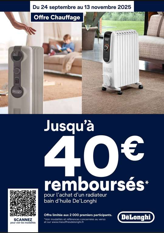 Jusqu'à 40€ remboursés pour l'achat d'un radiateur bain d'huile De'Longhi à 0 €