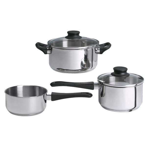 Batterie de cuisine, 3 pièces (faitout et ces deux casseroles avec couvercle) verre/acier inoxydable à 16.99 €