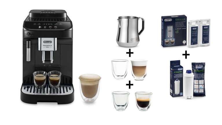 Machine à café avec broyeur DELONGHI - 1,8L + 2 tasses Capuccino + 2 verres expresso + Pichet à lait + Filtre à eau + Détartrant à 349.99 €