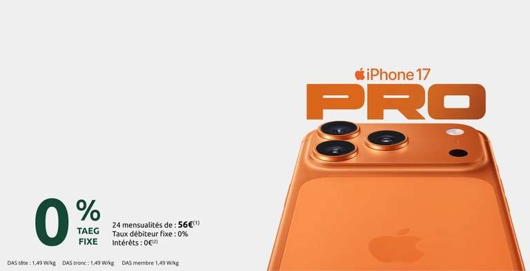 Paiement en 12 ou 24 fois sans frais sur iPhone 17 Pro et iPhone 17 Pro Max chez Apple à 0 €