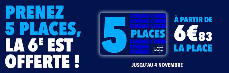 Carte UGC 5 places achetée = 1 place supplémentaire offerte à 41 €