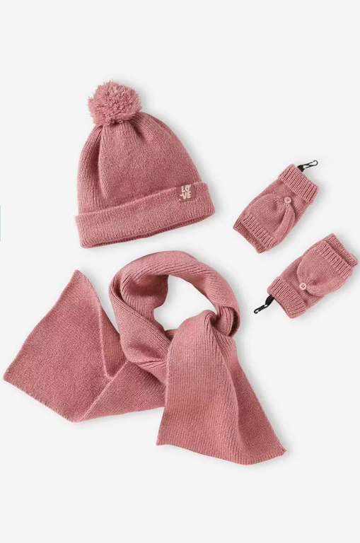 Verbaudet Ensemble fille en maille côtelée bonnet + écharpe + moufles/mitaines - vieux rose à 12.49 €