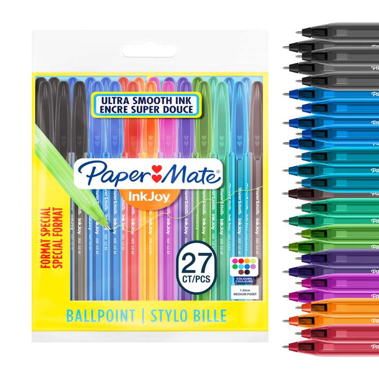 Assortiment de 27 Stylos à Bille Paper Mate InkJoy 100ST - 10 Couleurs Différentes, Pointe Moyenne à 3.95 €