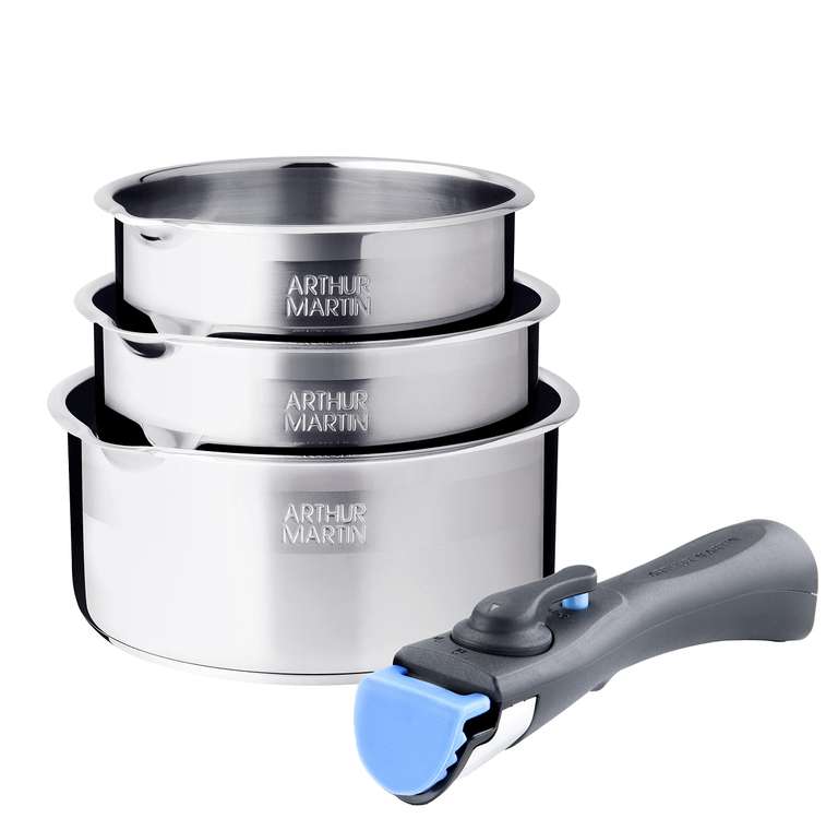 Lot de 3 casseroles Arthur Martin AM3456 - Tout Inox, 16-18-20 cm, compatibles induction, avec poignée amovible et bec verseur à 39.99 €