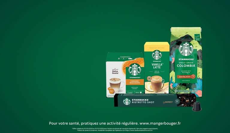 Une carte cadeau de 10 euros valable dans une sélection de salons Starbucks pour 4 produits achetés en magasin à 0 €