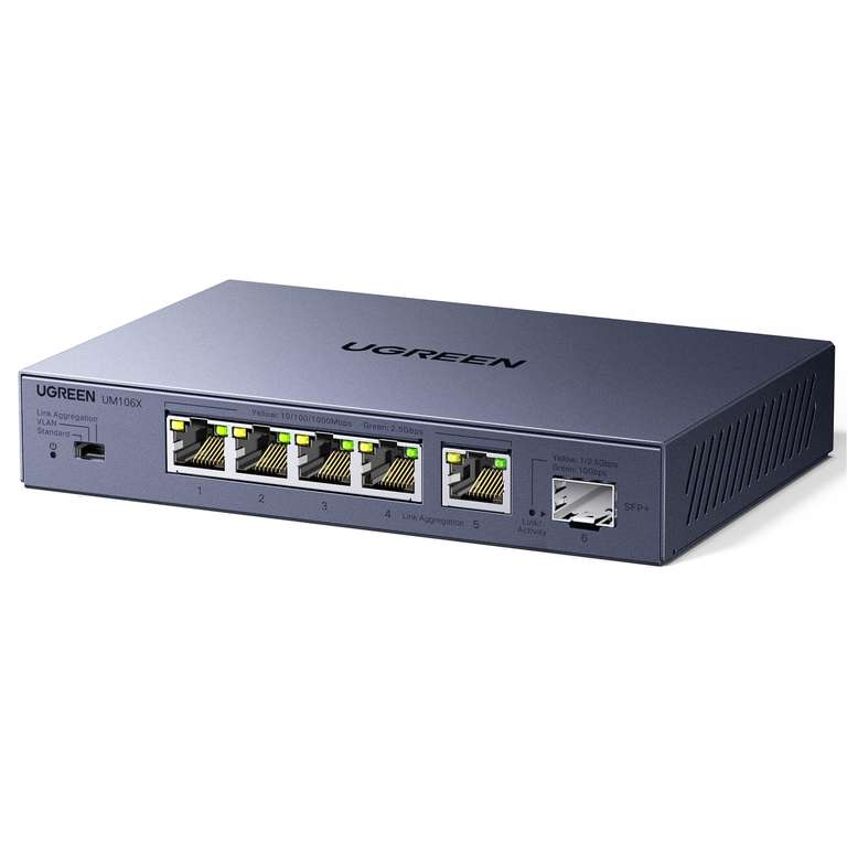 Switch UGREEN 5 ports 2.5G + 1 port SFP+ 10G – Boîtier métal, VLAN / Link Aggregation à 44.99 €