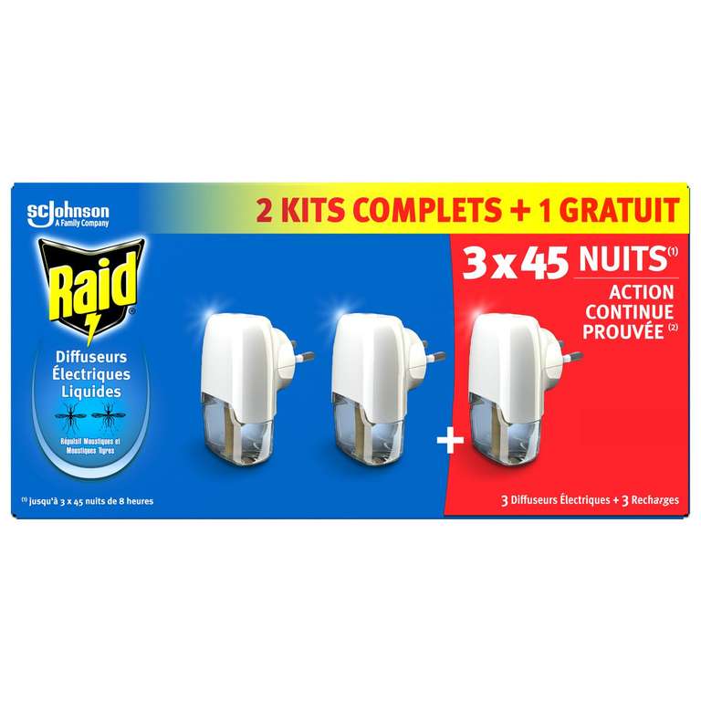 Diffuseur électrique répulsif moustiques Raid - 3 Diffuseurs + 3 Recharges, 45 Nuits à 8.9 €