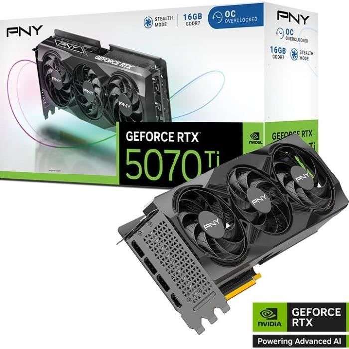 Carte Graphique PNY GeForce RTX 5070 Ti OC Triple Fan Plus 16 Go GDDR7 Reflex 2 RTX AI DLSS4 + ARC RAIDERS Offert à 799 €