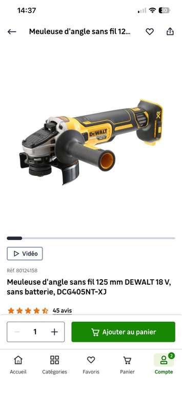 Meuleuse d'angle sans fil 125 mm DEWALT 18 V+ Batterie DEWALT XR 18 V, 2 Ah + Chargeur de batterie DEWALT lithium-ion, 18 V à 146 €