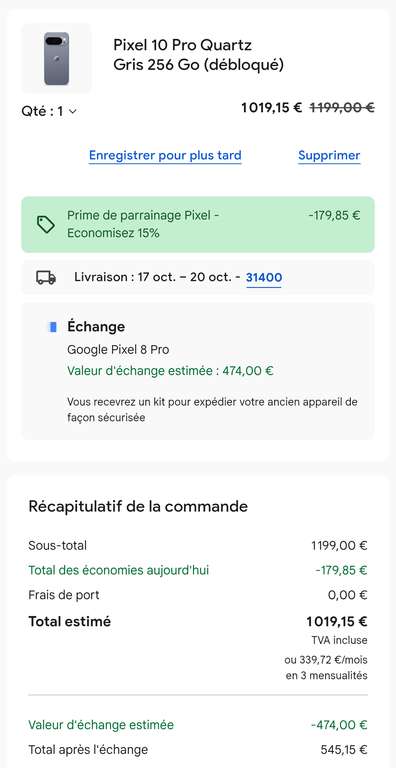 Google Pixel 10 Pro 256Go à 545.15 €