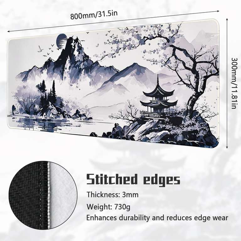 ECHOBUY XXL Gaming Mouse Pad, 800 x 300 x 3 mm Ink and Wash, Japan Laptop Mouse Mat with Stitched Edges and Non-Slip à 10.79 €
