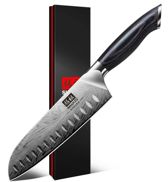SHAN ZU - Couteaux Santoku Japonais de 18cm, Ultra Tranchants, Lame en Acier à Haute Teneur en Carbone et manche en Bois de Pakka à 25.99 €