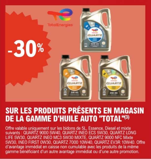 -30% sur toute la gamme d'huile moteur 5L Total en magasin à 0 €